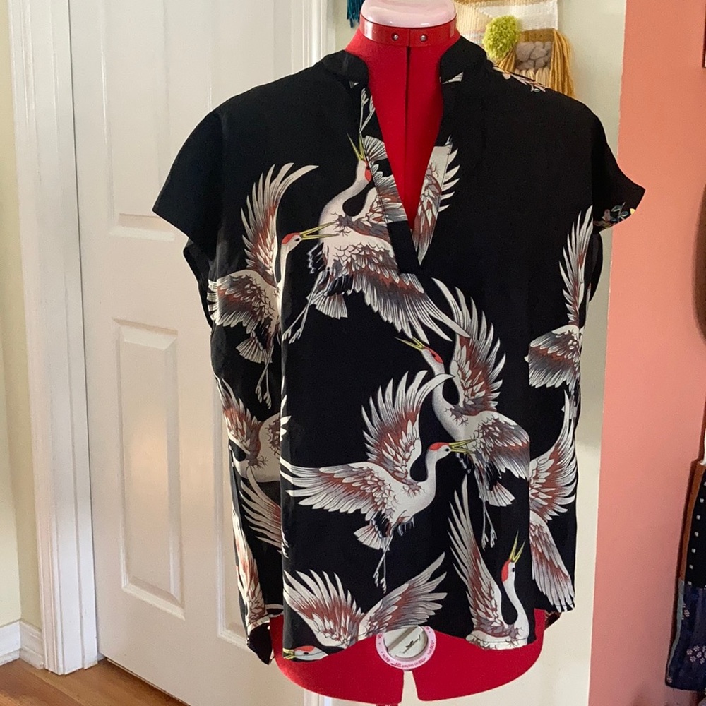 Shein Crane and Floral Print V-Neck Blouse